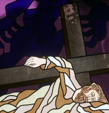 9th Stations of the Cross, Jesus falls the third time, stained-glass window in the church of St. John the Baptist in Rijeka, Croatia clipart
