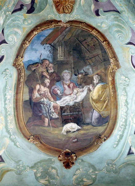 Σκηνής Της Γέννησης Προσκύνηση Των Ποιμένων Τοιχογραφία Στο Ταβάνι Από — Φωτογραφία Αρχείου