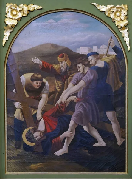 十字架第九站 耶稣第三次跌倒 克罗地亚 Stitar 圣马修教堂 — 图库照片