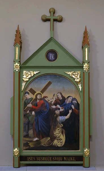 Staties Van Kruisweg Jezus Ontmoet Zijn Moeder Kerk Van Saint — Stockfoto