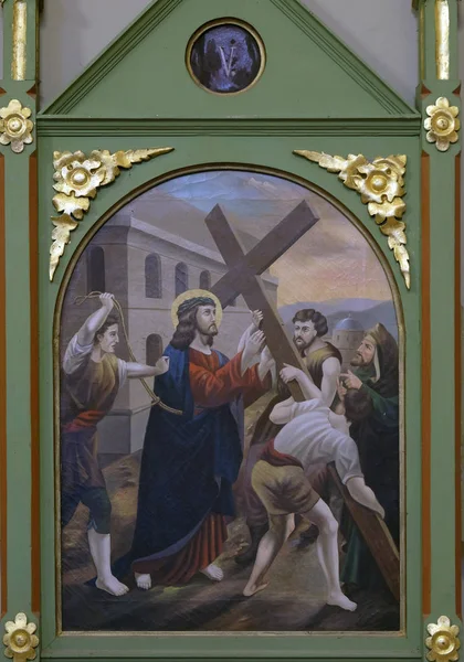 5Th Stations Cross Simon Cyrene Carries Church Saint Matthew Stitar — Stock Photo, Image