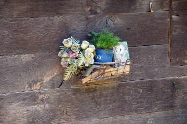 Köyün Krapje, Lonjsko Polje Doğa Parkı, Hırvatistan tipik ahşap ev çiçekleri 