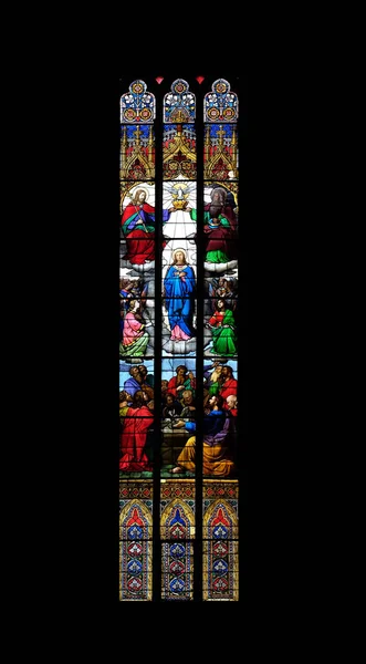 Coronation Blessed Virgin Mary Stained Glass Zagreb Cathedral Dedicated Assumption — Stock Photo, Image