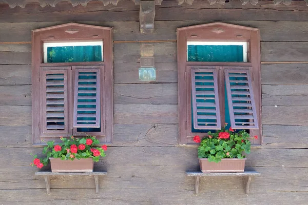 Windows Typický Dřevěný Dům Obci Krapje Lonjsko Polje Přírodního Parku — Stock fotografie