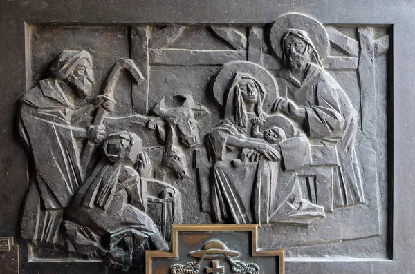 Birth of Jesus, detail of the entrance door of cathedral of Assumption in Varazdin, Croatia