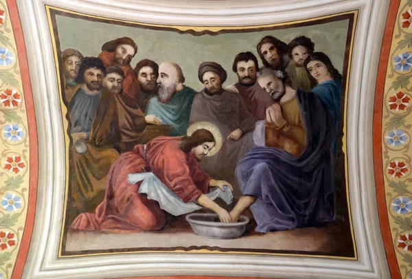 Jezus Myje Nogi Piotra Fresk Kościele Świętego Mateusza Stitar Chorwacja — Zdjęcie stockowe