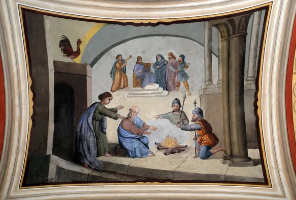 Пітер Заперечує Ісуса Перед Півень Ворон Три Рази Фреска Церкві — стокове фото