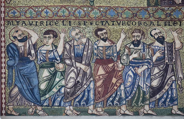 Mozaika Apostołów Elewacji Romańskiej Bazyliki San Frediano Lucca Toskania Włochy — Zdjęcie stockowe