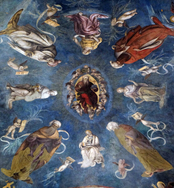 Хранилище показывает Бога Отца среди пророков, сивиллов и ангелов, базилику Святого Фредиано, фреску, Лукку, Тоскану, Италию
 
