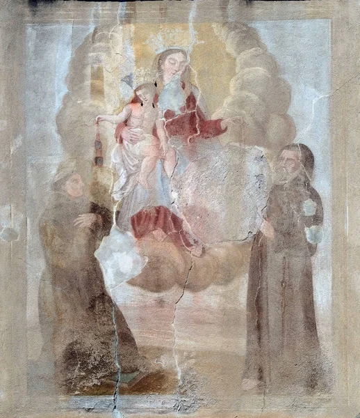 Jungfrau Maria Mit Jesuskind Und Heiligen Hausfassade Lucca Toskana Italien — Stockfoto