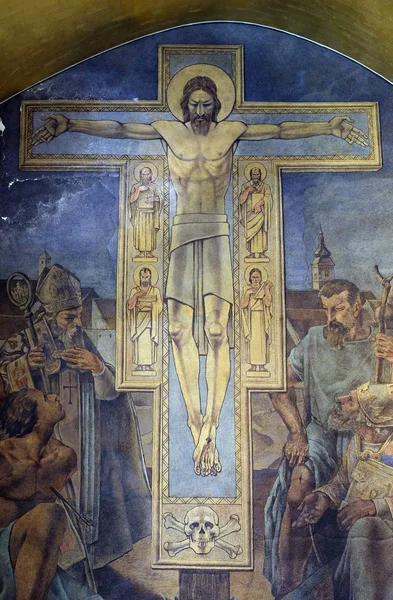 基督被钉十字架 在克罗地亚萨格勒布圣马克教堂壁画 — 图库照片