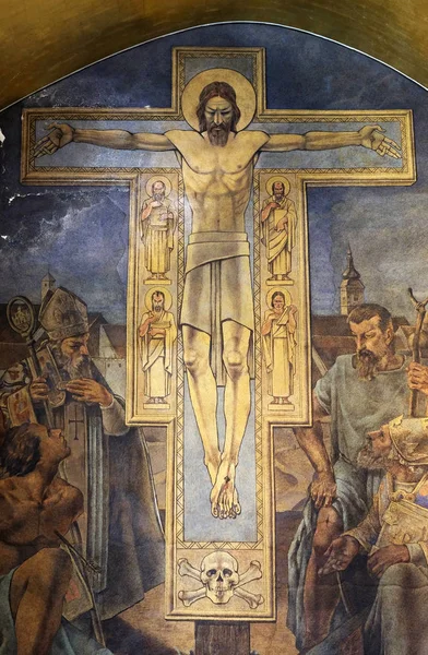 Cristo Crucificado Fresco Iglesia San Marcos Zagreb Croacia —  Fotos de Stock