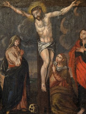 Crucifixion Jesus dies on the cross, altarpiece in the Church of the Saint Barbara in Velika Mlaka, Croatia clipart