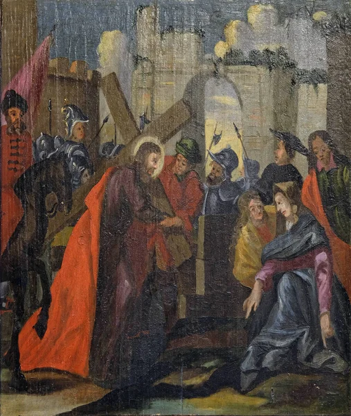 Jesus Ges Sin Cross Altartavlan Kyrkan Saint Barbara Velika Mlaka — Stockfoto