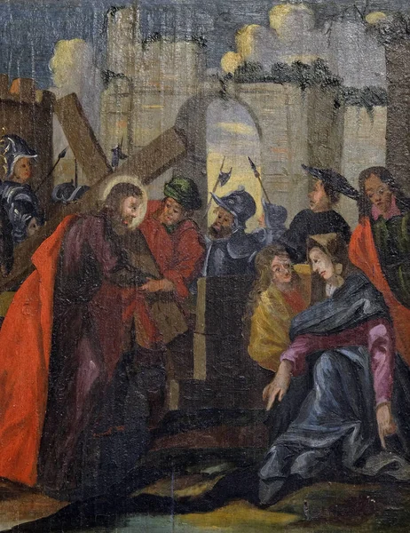 耶稣被赋予他的十字架 祭坛在大戈里 Mlaka 的圣巴巴拉教堂里 — 图库照片