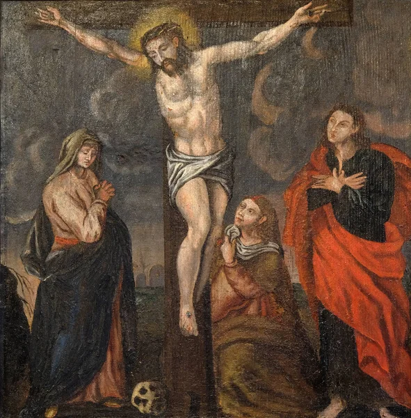 Crucifixion Jésus Meurt Sur Croix Retable Dans Église Sainte Barbara — Photo