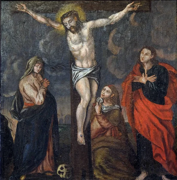 Crucifixion Jésus Meurt Sur Croix Retable Dans Église Sainte Barbara — Photo