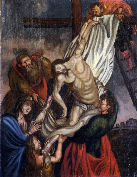 Nedfall Kristus Från Korset Altartavlan Kyrkan Saint Barbara Velika Mlaka — Stockfoto