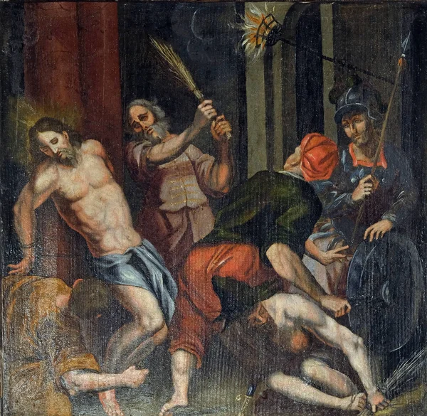 Flagellation Christ Retable Dans Église Sainte Barbara Velika Mlaka Croatie — Photo