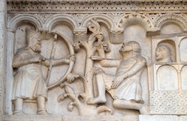 Genesis hikayeleri ile plaka: kör lemek bir ok boğazını, Wiligelmo, Modena Katedrali, İtalya tarafından bas Rölyef ile Cain öldürür