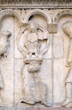 Genesis hikayeleri ile plaka: Abel ve Cain, Tanrı Baba, kabartma Wiligelmo, Modena Katedrali, İtalya tarafından hakkında hikaye 