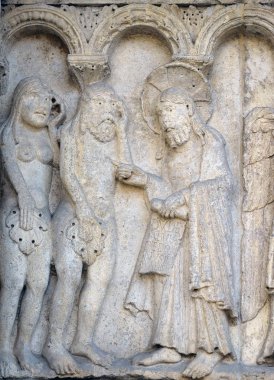 Azarlama, adem ve Havva kabartma Wiligelmo, Modena Katedrali, İtalya