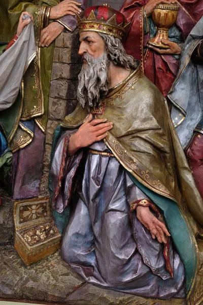 Μελχιόρ Βιβλικών Μάγων Λατρεία Του Magi Σκηνή Nativity Altarpiece Στο — Φωτογραφία Αρχείου