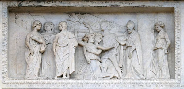 Panel Episodes Life Geminiano Agostino Duccio 1442 Modena Cathedral Italy — Stock Photo, Image
