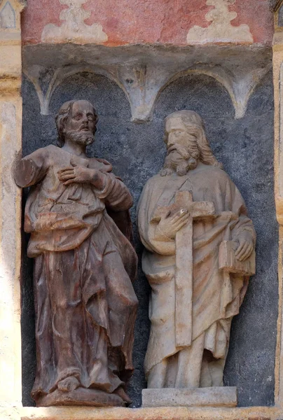 Statues Saints Sur Portail Sud Église Saint Marc Zagreb Croatie — Photo