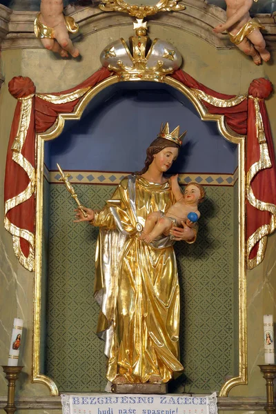 圣母玛利亚与婴孩耶稣 在我们的夫人祭坛上的雕像在 Zacretje 克罗地亚的圣十字教区教会 — 图库照片