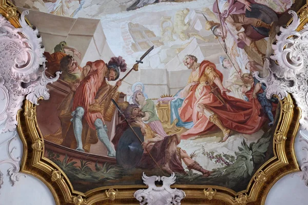 Miracoli San Benedetto Particolare Dell Affresco Matthaus Gunther Nella Chiesa — Foto Stock