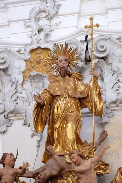 Saint Benedict statue on pulpit in Amorbach Benedictine monastery church in the district of Miltenberg in Lower Franconia in Bavaria, Germany