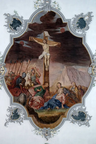 Kalvarienberg Jesus Stirbt Kreuz Fresko Der Decke Der Schmerzensfrauenkirche Rosenberg — Stockfoto