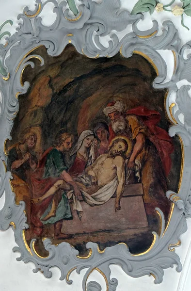 Jezus Złożony Grobie Droga Krzyżowa Freski Suficie Kościoła Matki Bożej — Zdjęcie stockowe