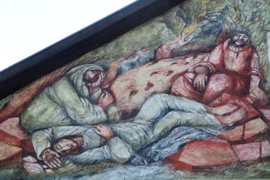 Saint James ve iki arkadaşı Mount of Olives, St. James Hohenberg, Almanya'da hac evin duvarına Sieger Koder tarafından fresk üstünde uyumak 