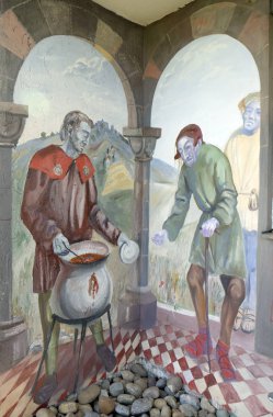 Santiago de Compostela, St. James Hohenberg, Almanya'da hac hanesinin duvardaki fresk Sieger Koder tarafından doğru yola hacılar sahneleri