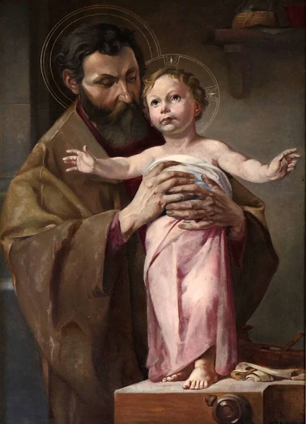 San Giuseppe Con Braccio Gesù Bambino Pala Altare Nella Cappella — Foto Stock