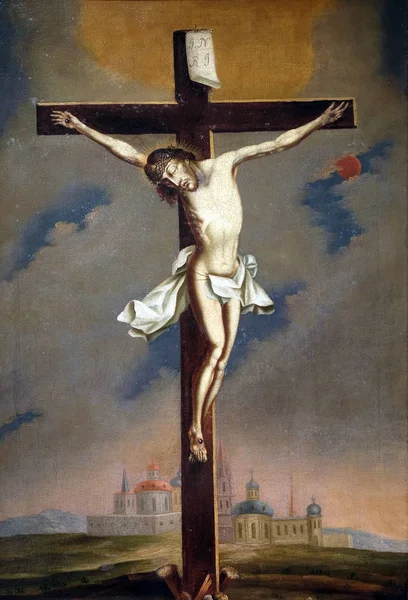 Crucificação Escola Espanhol Óleo Sobre Tela Século Xvii Paixão Arte — Fotografia de Stock