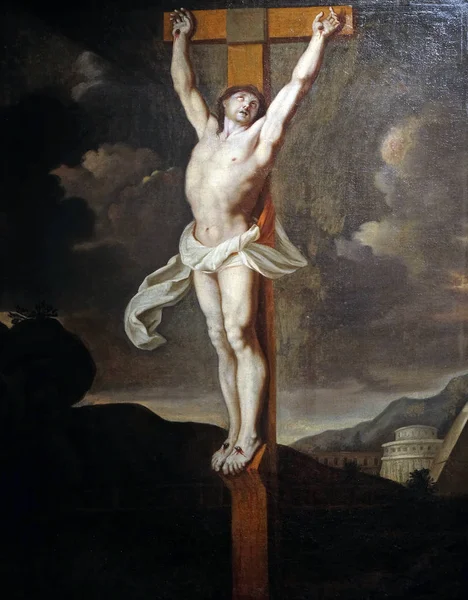 Crucifixión Escuela Francesa Seguidor Charles Brun Óleo Sobre Lienzo Siglo —  Fotos de Stock
