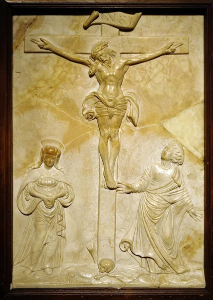 Crocifissione Con Maria San Giovanni Sebastian Loscher Rilievo Marmo Xvi — Foto Stock