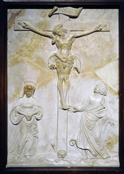 Crucifixion Mary Saint John Sebastian Loscher Marble Relief Century Passion — Stock Photo, Image