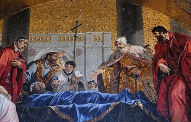 St Mark's vücut Doge ve Venedik hakimler tarafından lunette mozaik San Marco Bazilikası, San Marco Meydanı, Venedik, İtalya, Unesco Dünya Mirası venerated