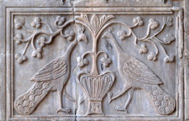 İki tavus kuşu, oryantal Bizans yardım, cephe detay San Marco Bazilikası, San Marco Meydanı, Venedik, İtalya, UNESCO Dünya Miras Listesi