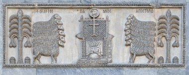 Son hüküm, San Marco Bazilikası, cephe detay San Marco Bazilikası, San Marco Meydanı, Venedik, İtalya, Unesco Dünya Mirasları Kuzey tarafında bulunan yardım için hazırlanan taht Hz 12 havariler