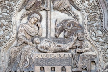 Doğum sahnesi, Porta dei Fiori, San Marco Bazilikası, San Marco Meydanı, Venedik, İtalya, Unesco Dünya Mirası Kuzey tarafında bulunan üst parçası