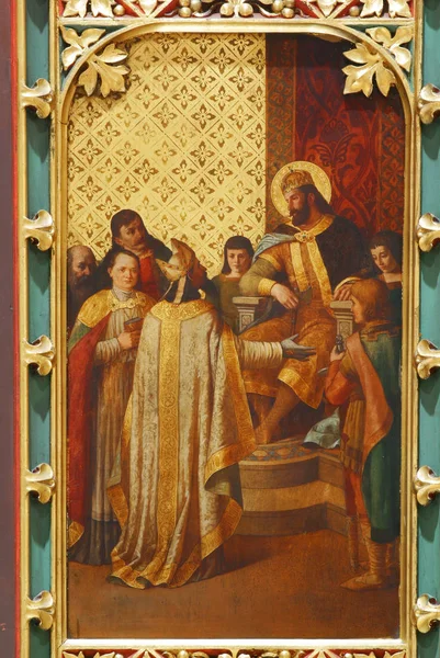 圣拉迪斯劳斯派第一位主教到萨格勒布 圣斯蒂芬的祭坛 拉迪斯劳斯和艾默奇在萨格勒布大教堂致力于圣母升天 — 图库照片