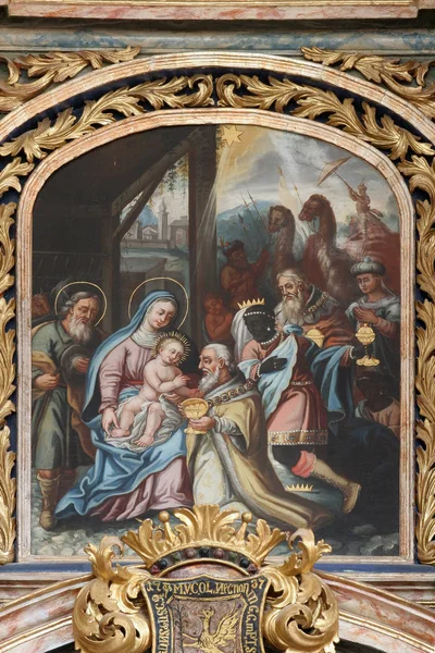キリスト降誕のシーン Svetice クロアチアの聖母マリアの誕生の教会の聖徒キリル メトディーの祭壇 マギの礼拝 — ストック写真