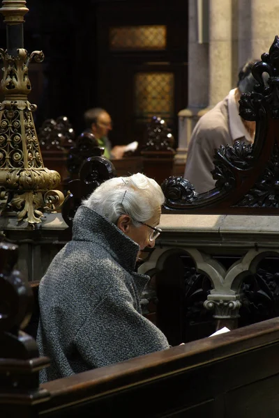 年上の女性が 2017 日にザグレブでメアリーの仮定に専用のザグレブ大聖堂で祈る — ストック写真