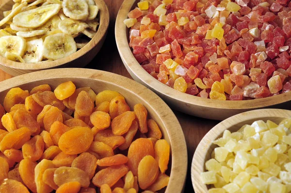 Dried Candied Fruits Wooden Bowls — Stock Photo, Image