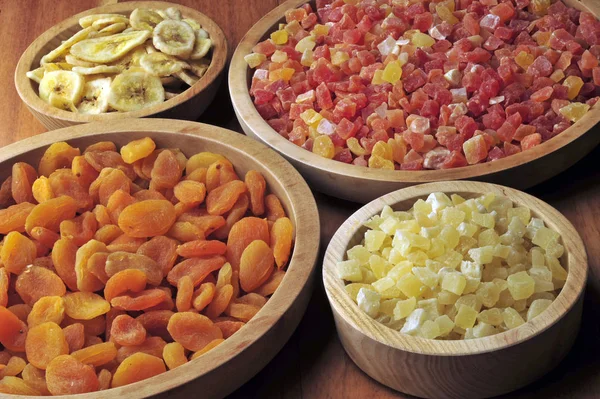 Dried Candied Fruits Wooden Bowls — Stock Photo, Image